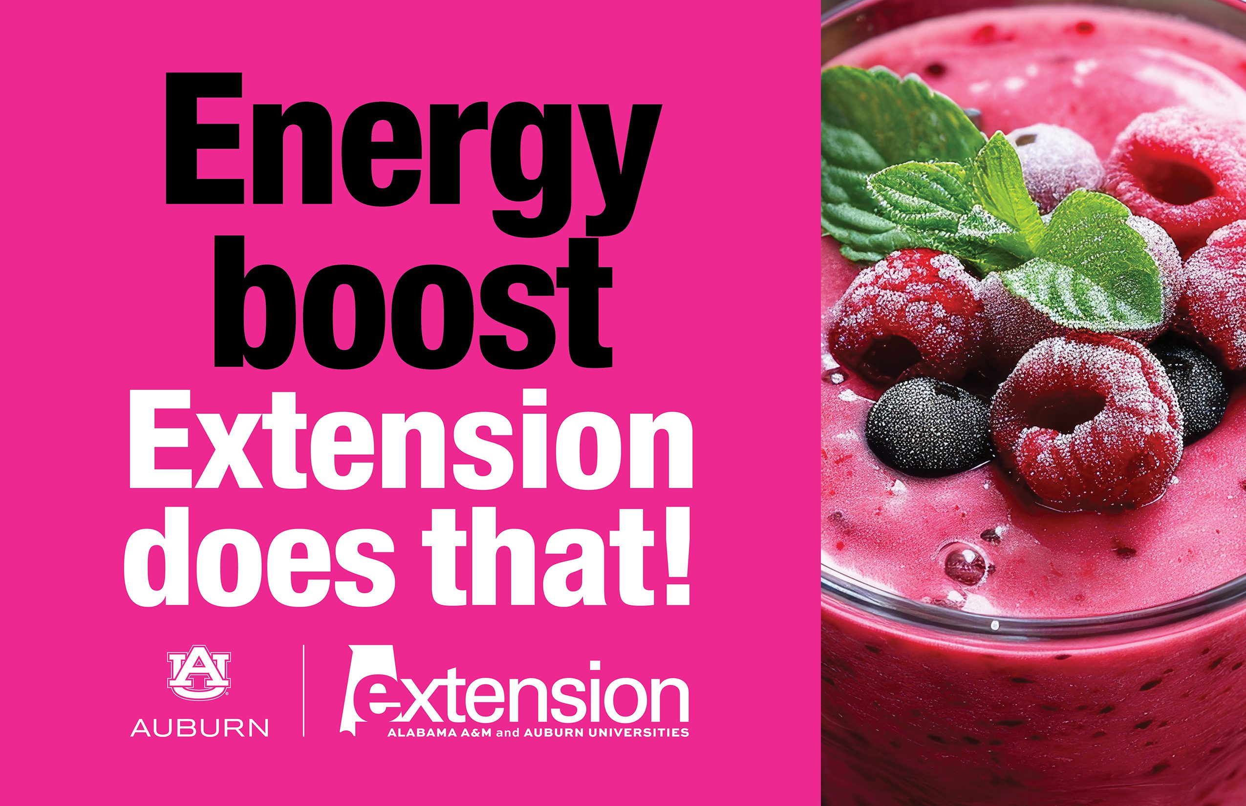An image of a berry smoothie in a glass. To the left are the words, "Energy boost. Extension does that!" along with the Alabama Extension and Auburn University logos.