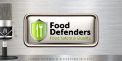 A silver, stainless steel looking background with the words Food Defenders Food Safety & Quality podcast