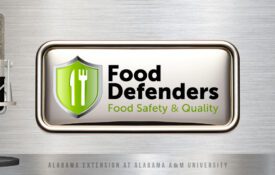 A silver, stainless steel looking background with the words Food Defenders Food Safety & Quality podcast