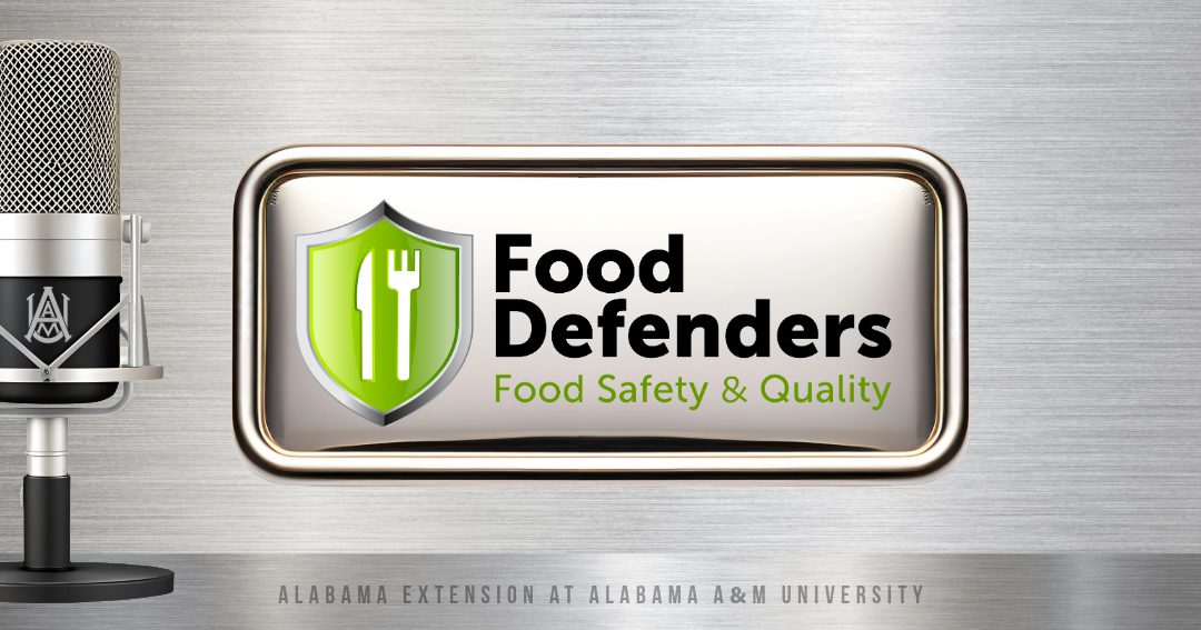 A silver, stainless steel looking background with the words Food Defenders Food Safety & Quality podcast