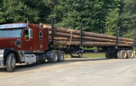 A red logging truck loaded down with logs.
