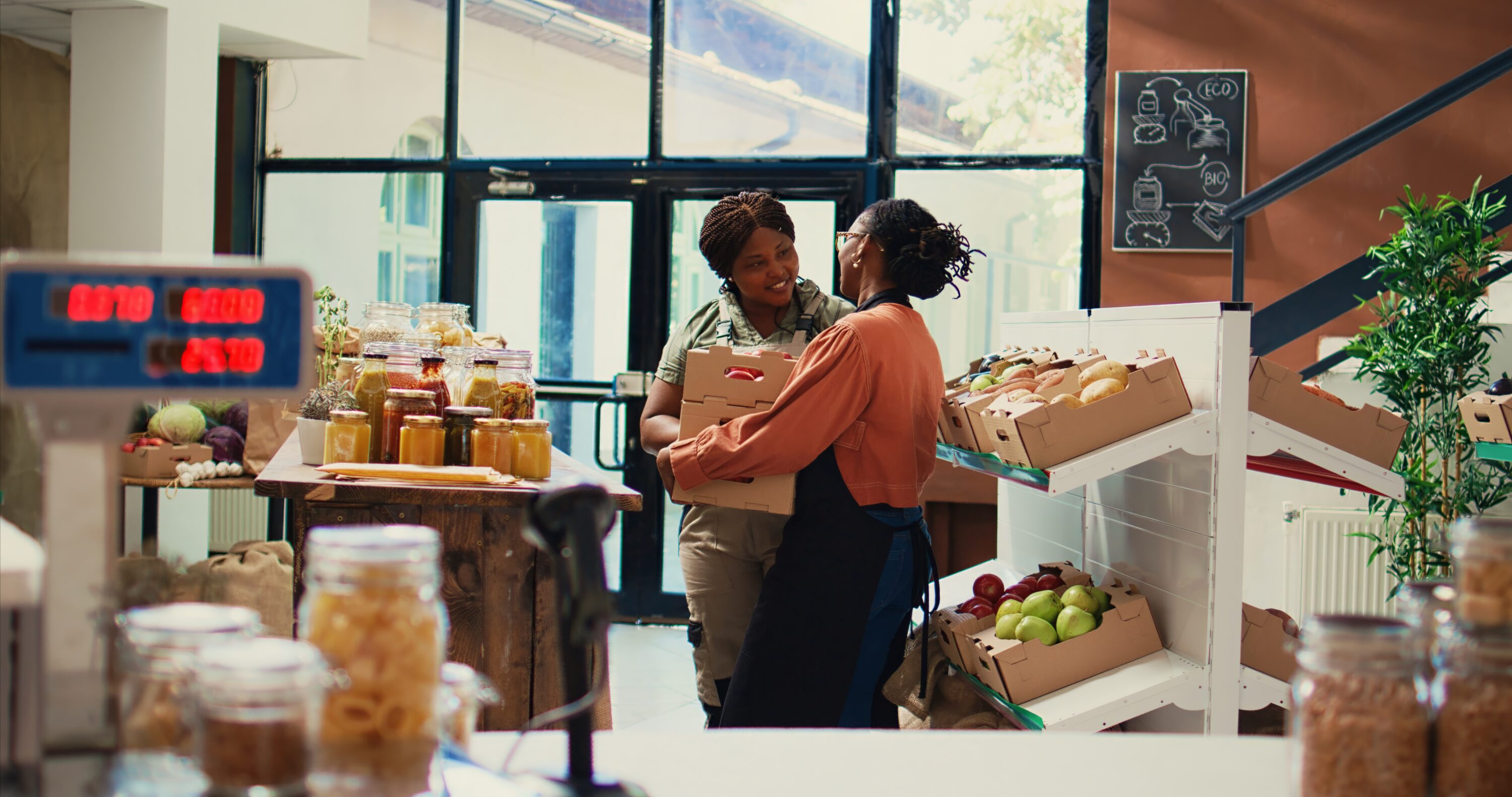 Two women standing and talking in a small-business grocery store.