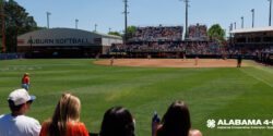 Scenic view of field and crowd during the game between the Auburn Tigers and the #1 Alabama Crimson Tide at Jane B. Moore Field in Auburn, AL on Sunday, April 12, 2026.