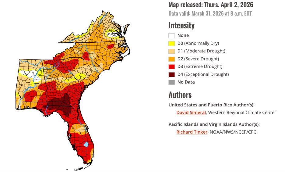 Figure 1. Southeast U.S. Drought Monitor, April 2026. 