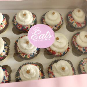 A box of cupcakes with an Eats by Elizabeth sticker.