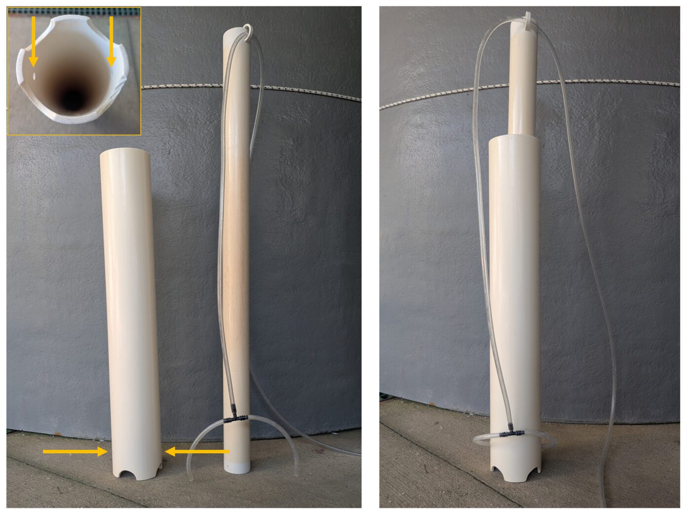 Figure 5. Airlift setup for oyster larval tanks. The left image shows each system component, including a 4-inch PVC airlift pipe with a scalloped bottom edge, a 2-inch center PVC standpipe, and vinyl tubing with U-shaped component. The inset highlights the scalloped bottom edge of the airlift pipe. Yellow arrows indicate the locations of small holes for fitting the tubing. The right image shows the assembled airlift. Two images showing components of an airlift system for oyster larval tanks. The left image displays separate PVC pipe parts and tubing, including a scalloped pipe base, while the right image shows the assembled airlift device standing upright.