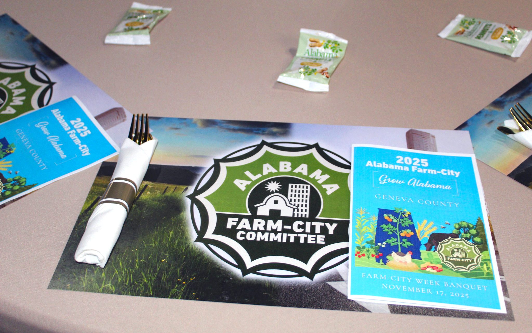 A place setting at the 2025 Geneva County Farm-City banquet