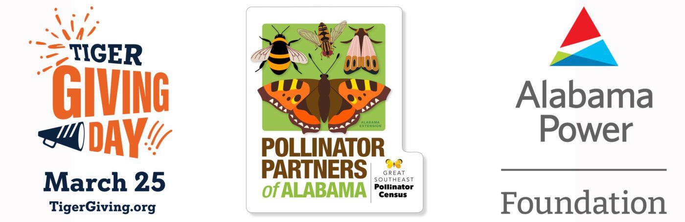 Logos for Tiger Giving Day, Pollinator Partners of Alabama, and Alabama Power Foundation.