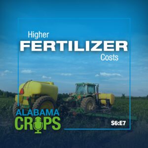 A graphic with the word Higher Fertilizer Costs and S6:E7. The background image is a tractor pulling a fertilizer sprayer through an immature corn field.