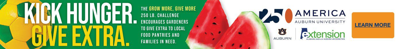 A banner promoting Alabama Extension’s Grow More, Give More 250 LB. Challenge