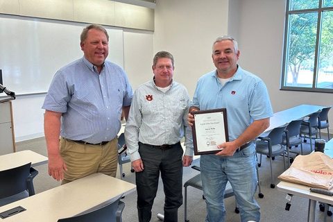 From left are Alabama Agricultural Consultants Association President Ed Kane; Jon Stuckey, a consultant in southeast Alabama; and Alabama Extension's Aaron Wells.