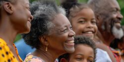 Black family smiling together at a celebration.