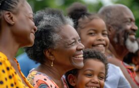 Black family smiling together at a celebration.