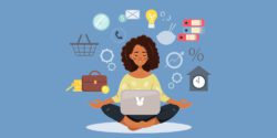 An African-American woman sits in a lotus position with a laptop and with symbols of different tasks floating around her head.