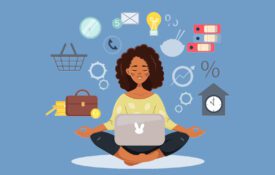 An African-American woman sits in a lotus position with a laptop and with symbols of different tasks floating around her head.