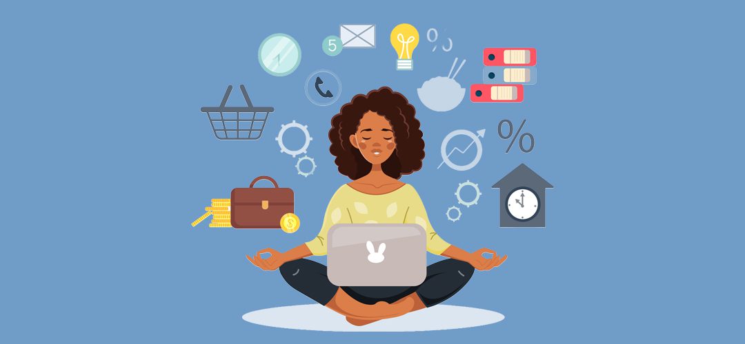 An African-American woman sits in a lotus position with a laptop and with symbols of different tasks floating around her head.