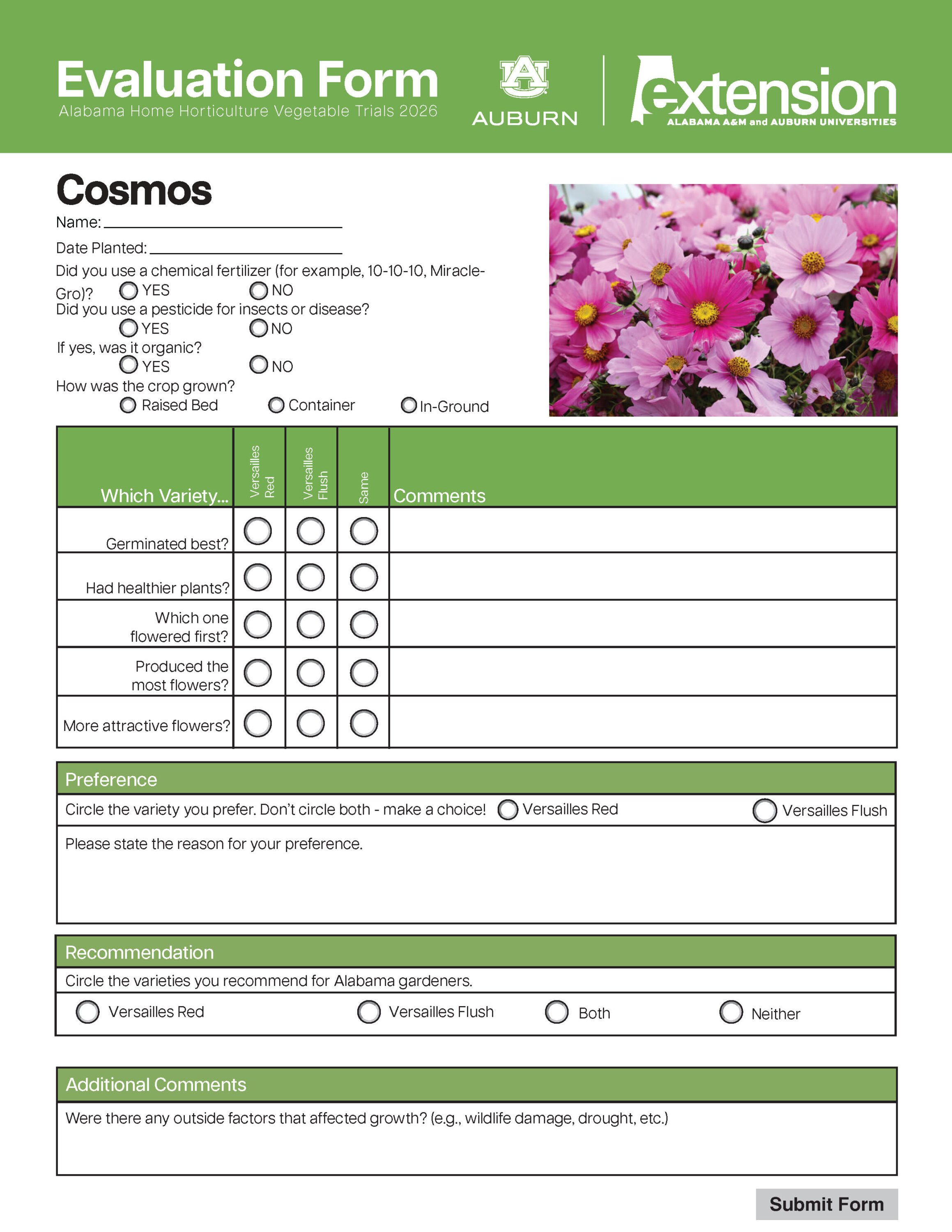 An evaluation form for a garden variety trial.