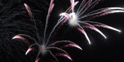Two fireworks exploding in the night sky.