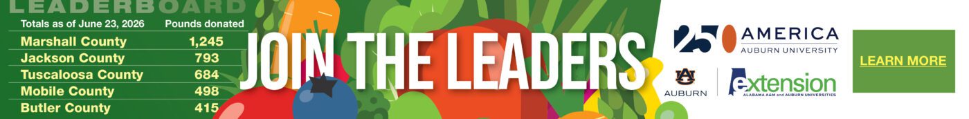 A banner promoting Alabama Extension’s Grow More, Give More 250 LB. Challenge