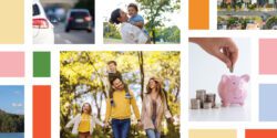 Collage of people, cars, houses, and a piggy bank