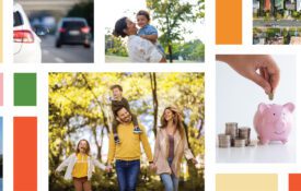Collage of people, cars, houses, and a piggy bank