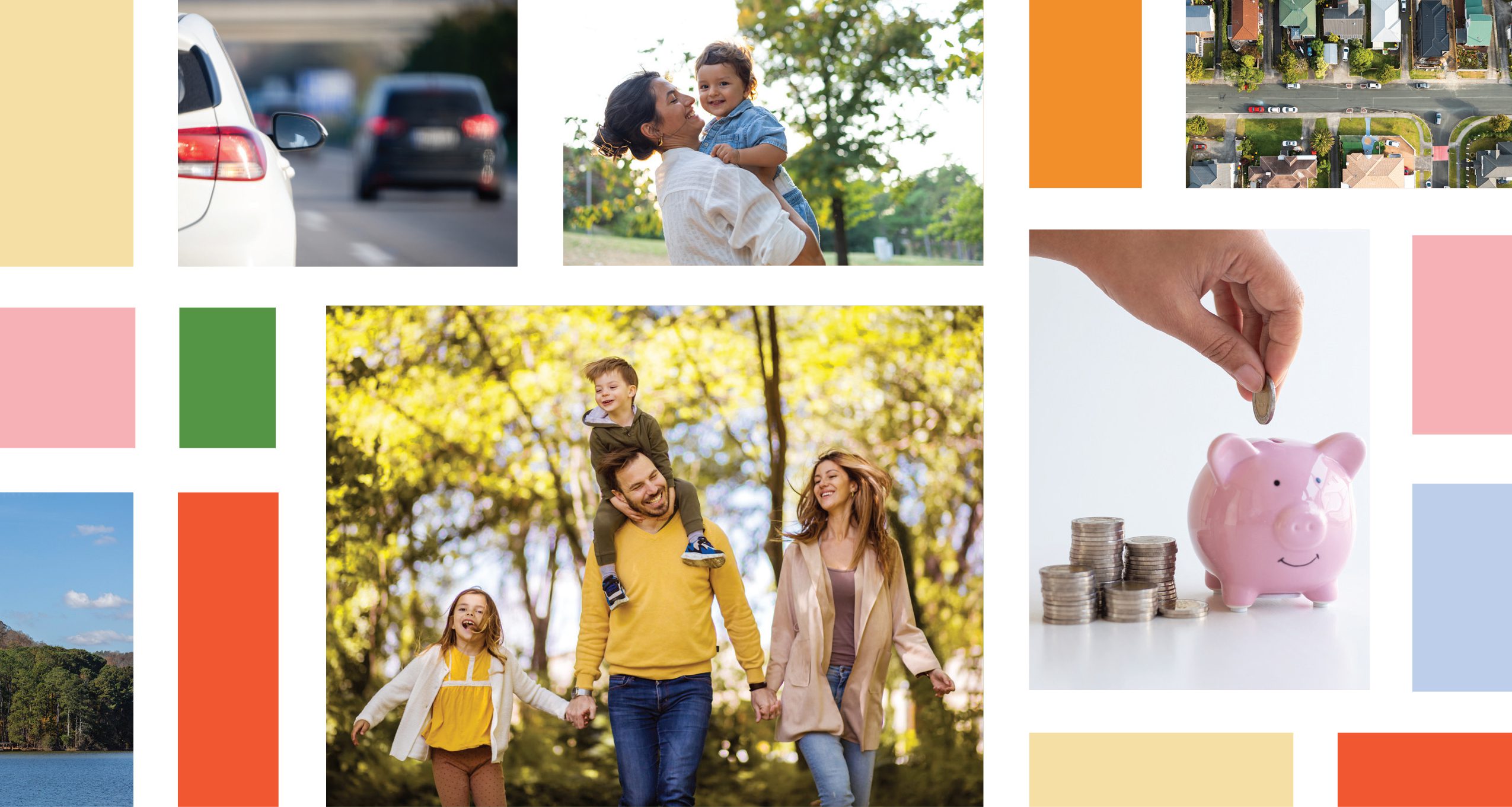 Collage of people, cars, houses, and a piggy bank