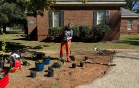 Woman with shovel digging hole in garden. Photo used to promote Master Gardener fall course.
