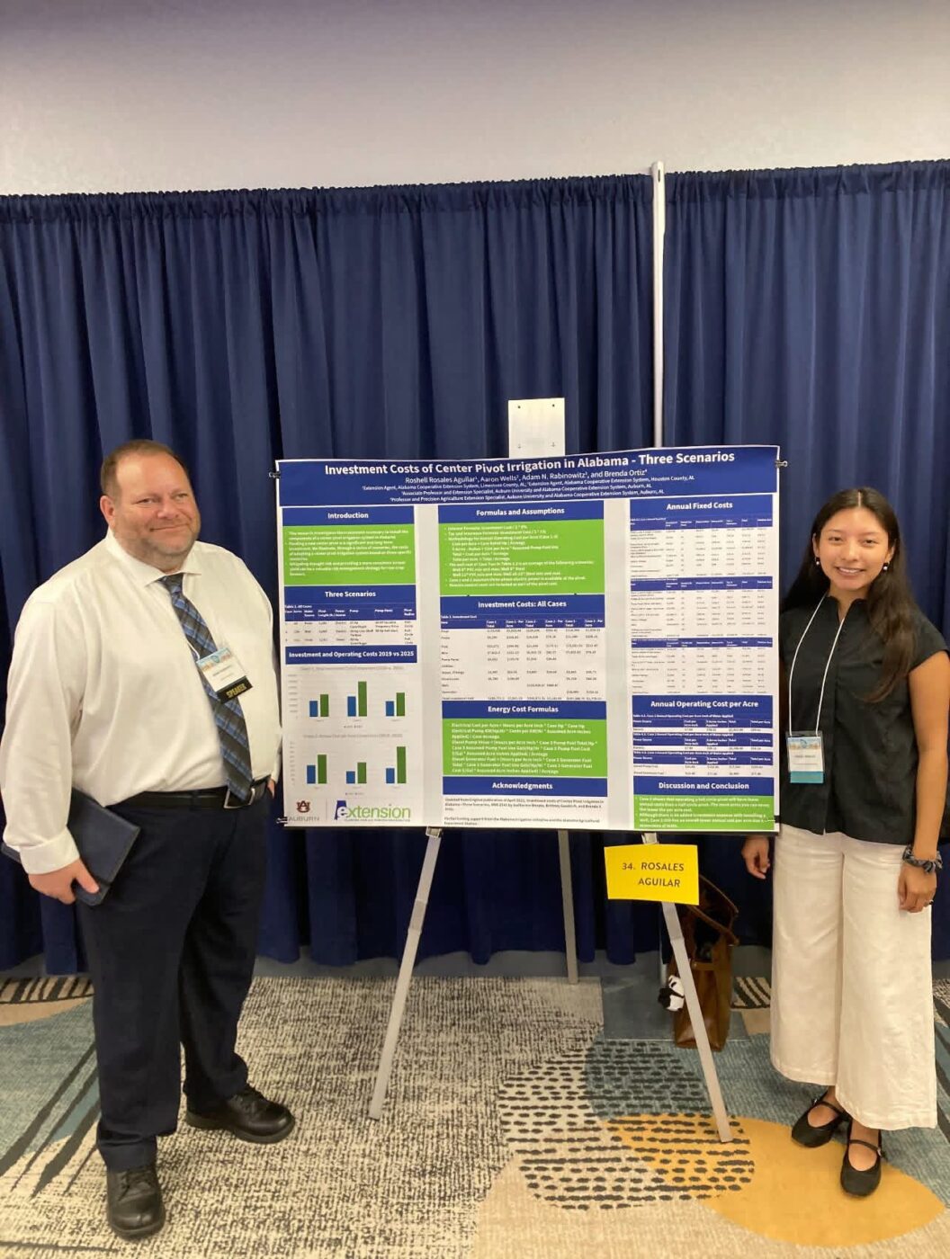 Figure 2. Adam Rabinowitz, Extension specialist, and Roshell Aguilar, Extension agent, explain pivot irrigation costs in Alabama.