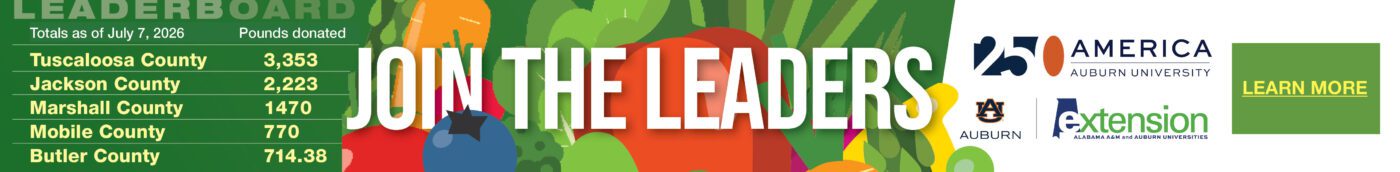 A banner promoting Alabama Extension’s Grow More, Give More 250 LB. Challenge