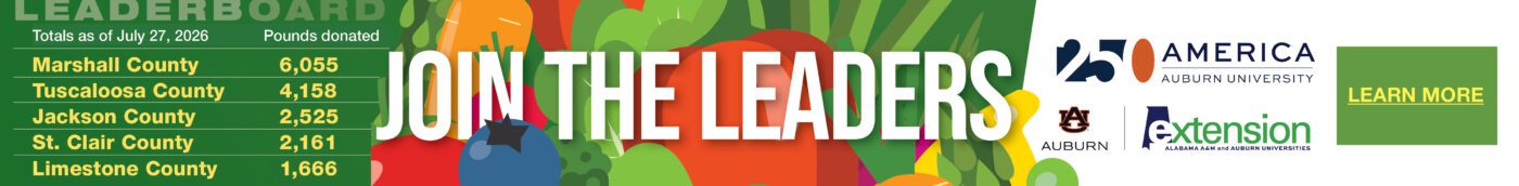 A banner promoting Alabama Extension’s Grow More, Give More 250 LB. Challenge