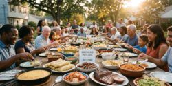Diverse neighborhood community gathering for an outdoor potluck dinner.