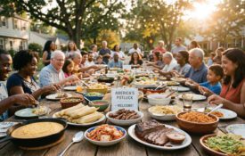 Diverse neighborhood community gathering for an outdoor potluck dinner.