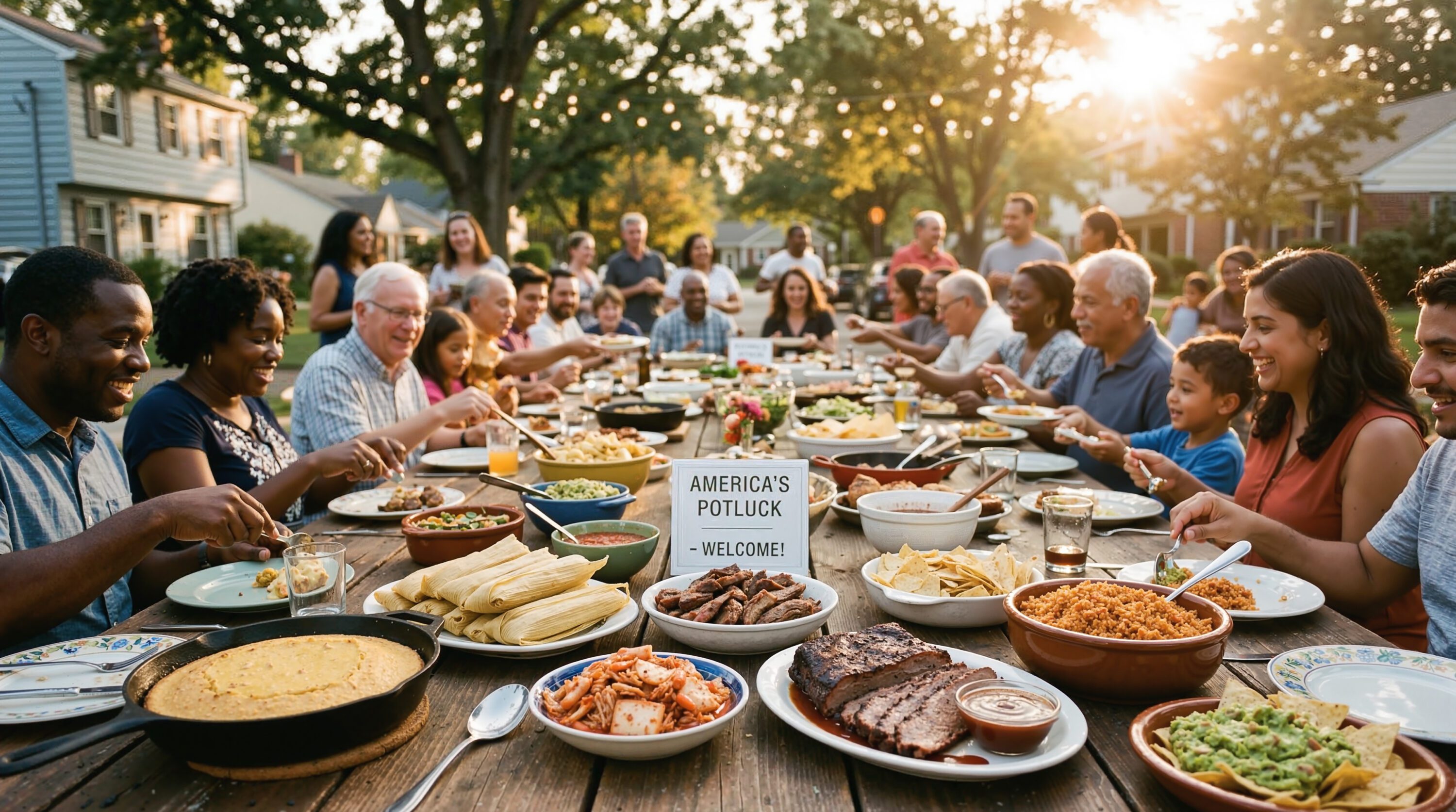 Diverse neighborhood community gathering for an outdoor potluck dinner.