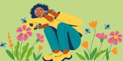 An illustrated girl holding a magnifying glass and observing flowers and nature.