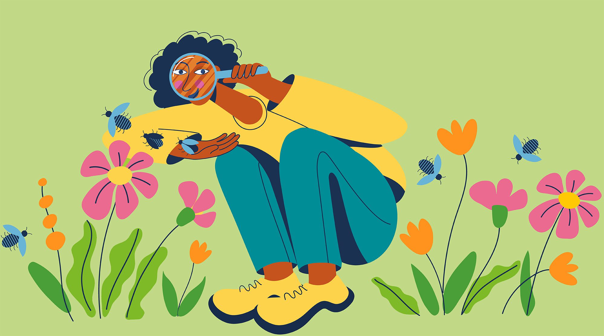 An illustrated girl holding a magnifying glass and observing flowers and nature.