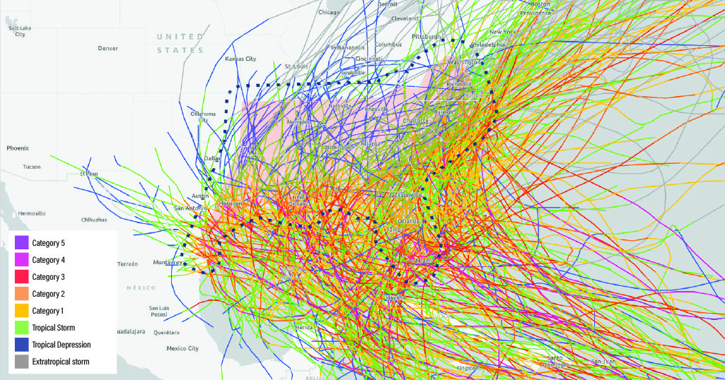 Figure 1a. The paths of all hurricanes since 1851 (N=324) that havemade landfall within the southeastern United States.