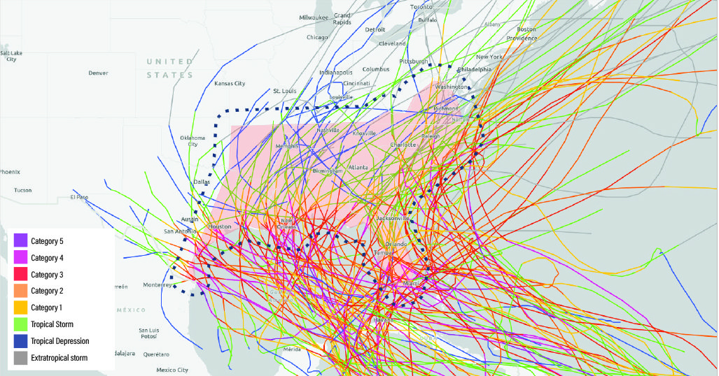Figure 1b. The paths of major hurricanes, Category 3 or above(n=114), since 1851.
