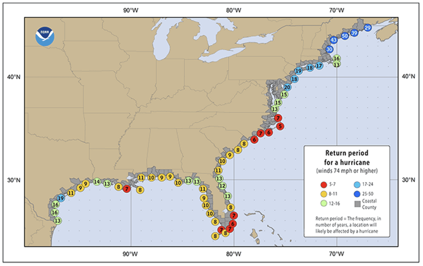 Figure 4a. The estimated return period in years for all hurricanes passing within 50 nautical miles of the U.S. East Coast.