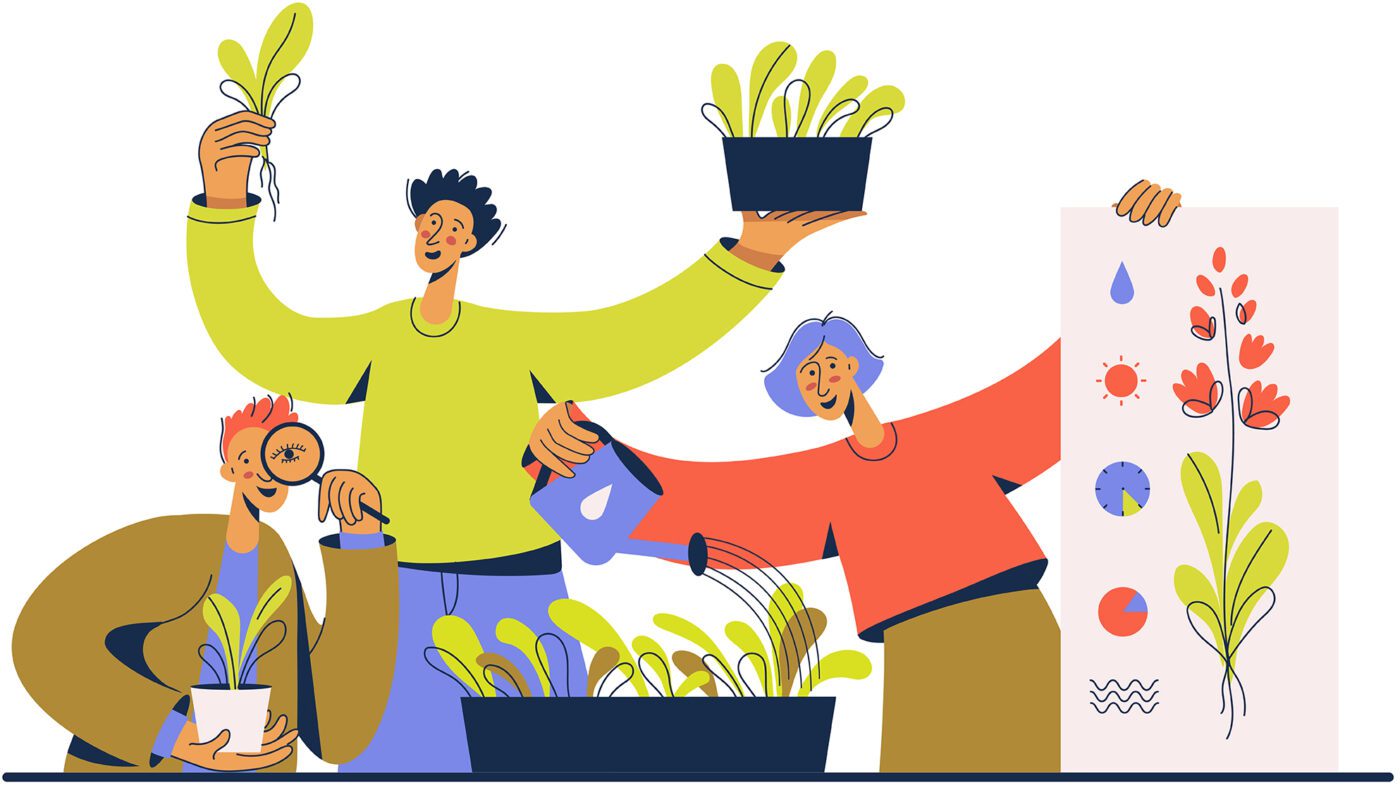 Illustrated students learning about plants, life system and living organisms.