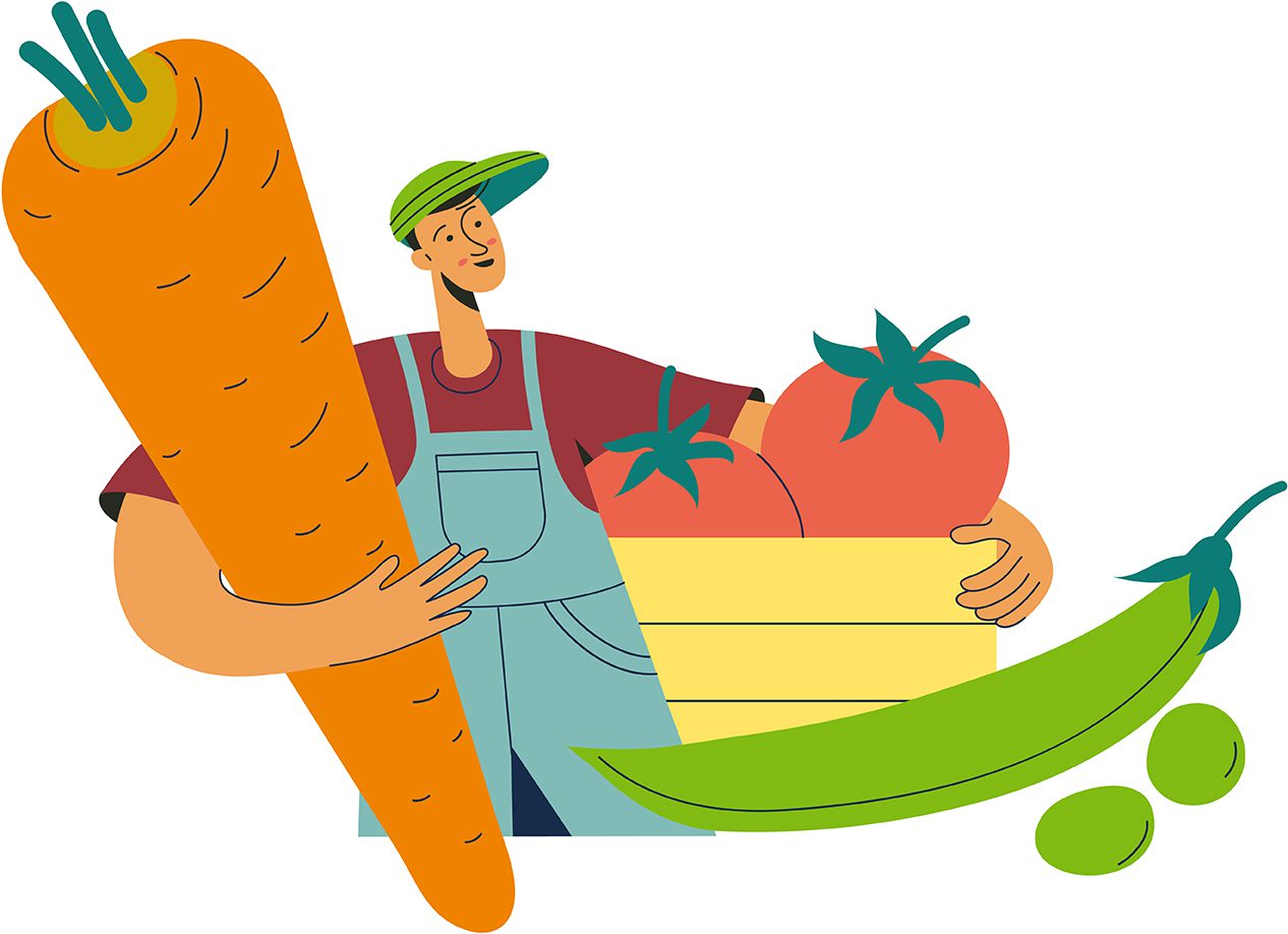An illustrated boy holding a giant carrot, tomatoes, and other vegetables.