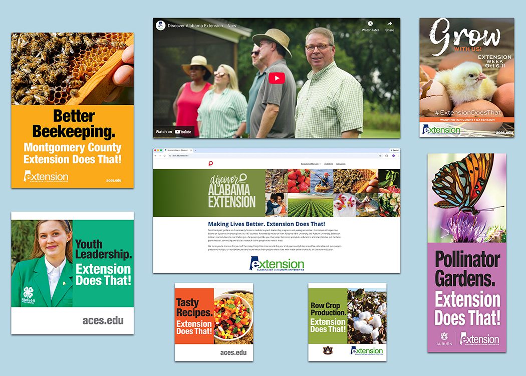 A collage of graphic and projects from the Extension Does That! campaign.