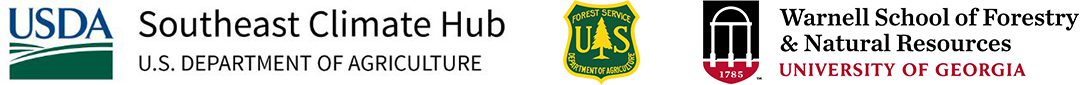 U.S. Department of Agriculture (USDA) Southeast Climate Hub, U.S. Department of Agriculture Forest Service, and University of Georgia Warnell School of Forestry & Natural Resources logos.