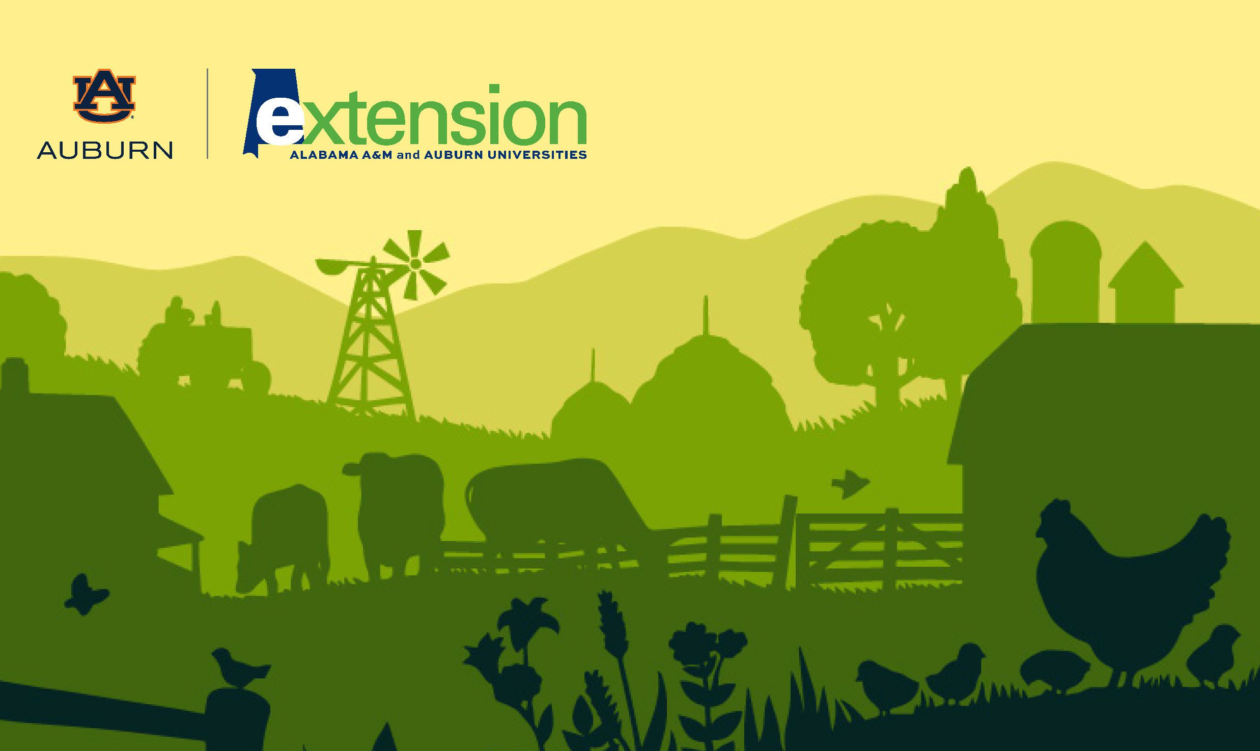 A green and yellow, illustrated farm scene, which includes cows, chickens, barns, and other farming elements.