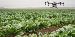 Spray drone flying over crops fields.