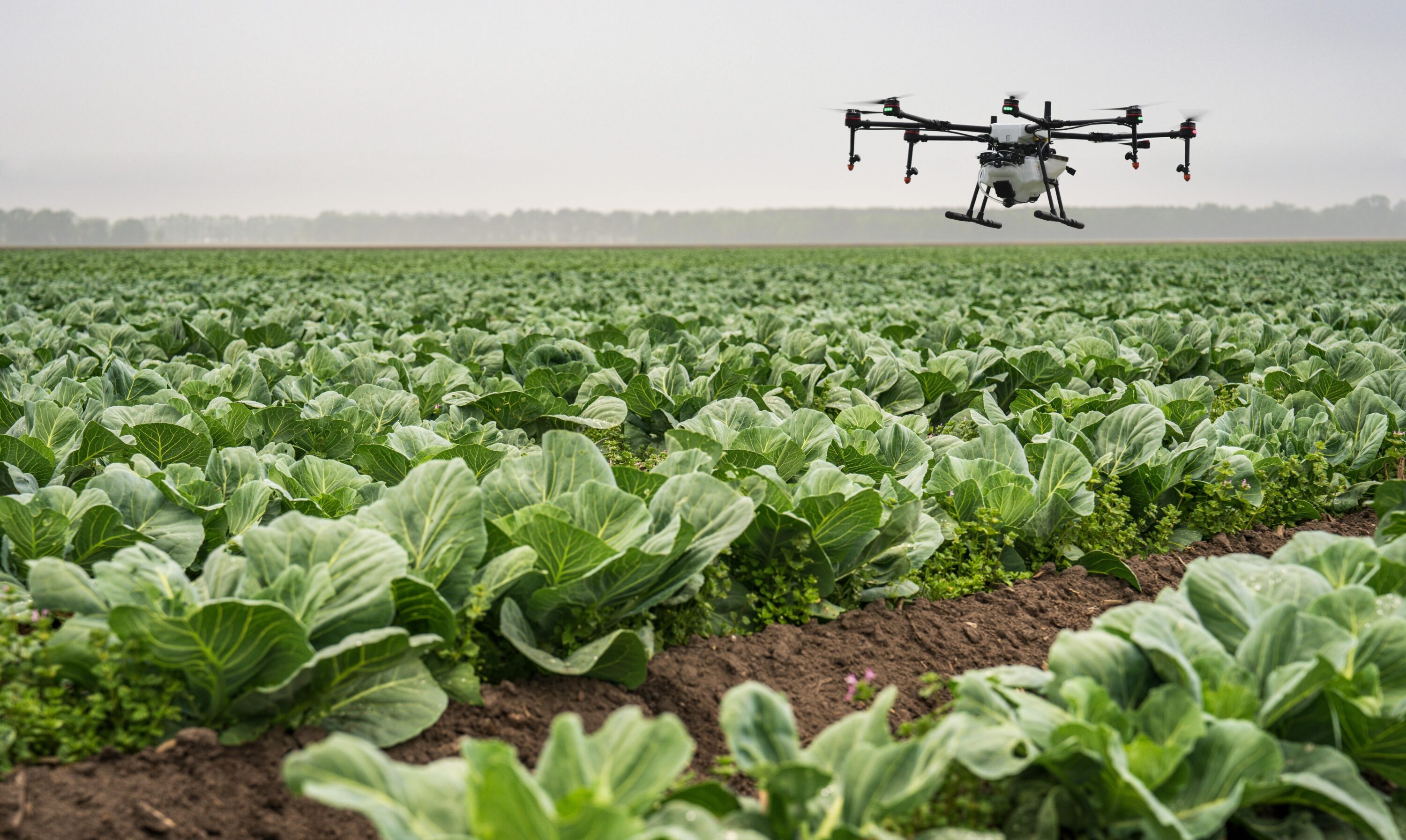 Spray drone flying over crops fields.