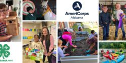 A collage of images of 4-H members doing various activities as well as the Alabama 4-H and Alabama AmeriCorps logos.