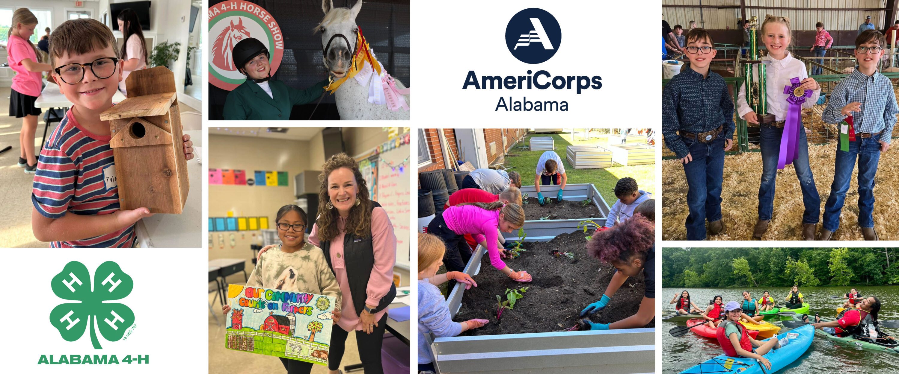 A collage of images of 4-H members doing various activities as well as the Alabama 4-H and Alabama AmeriCorps logos.