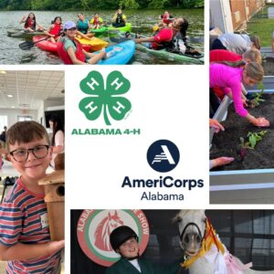 A collage of 4-H members doing various activities along with the Alabama 4-H and Alabama AmeriCorps logos.