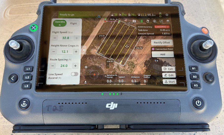 Figure 6. Controller screen showing the flight plan and user-entered application parameters such as route spacing, flight speed, and application height specific to a seeding operation.