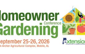 A illustrated graphic with flowers, tomatoes, and gardening tools with the following words: Homeowner Gardening Conference September 25-26, 2026 Jon Archer Agricultural Complex, Mobile, AL